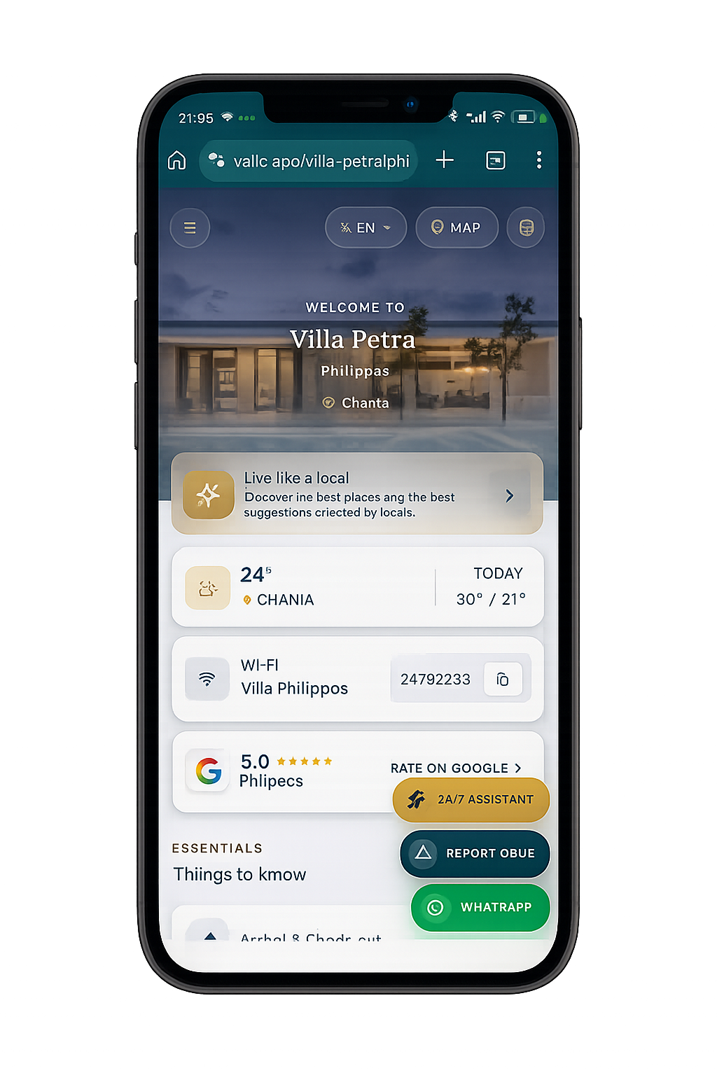 Vailo guest portal on mobile — Villa Petra house guide, Wi‑Fi, weather, and local recommendations